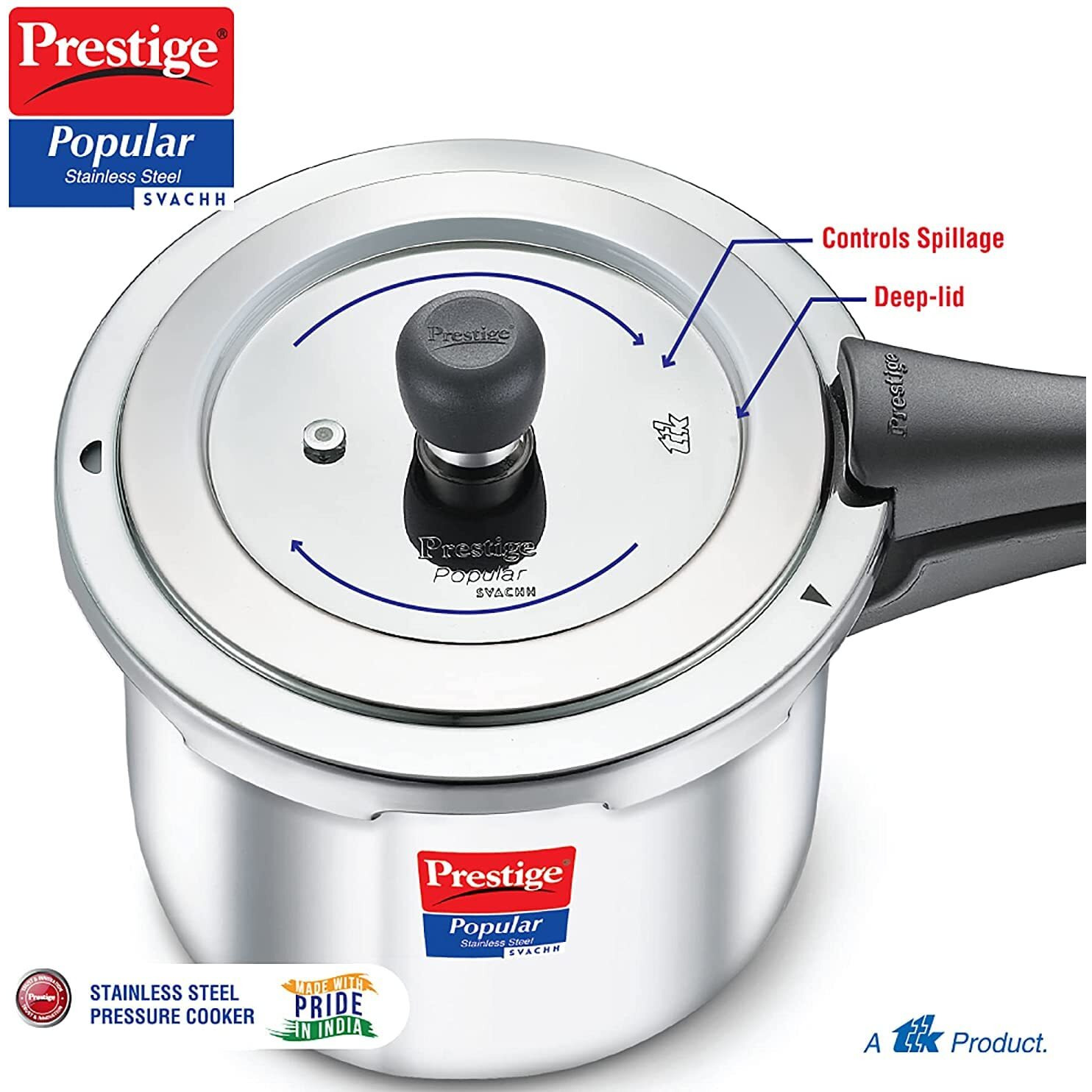 Prestige Popular Svachh Stainless Steel Outer Lid Pressure Cooker 2.0 L, 2 Liter