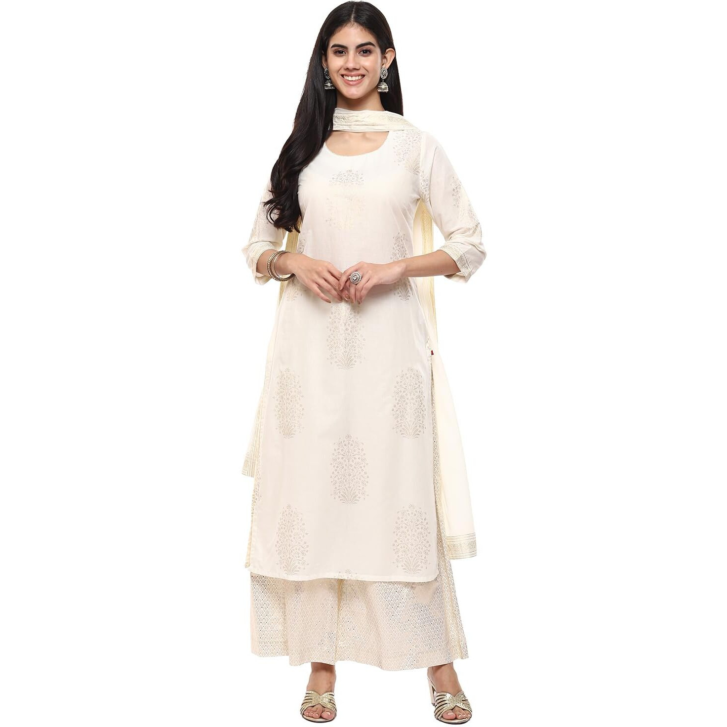 BIBA WOMEN PRINTED STRAIGHT SALWAR KURTA DUPATTA(SKDASSORTED7074E_OFF WHITE_32)