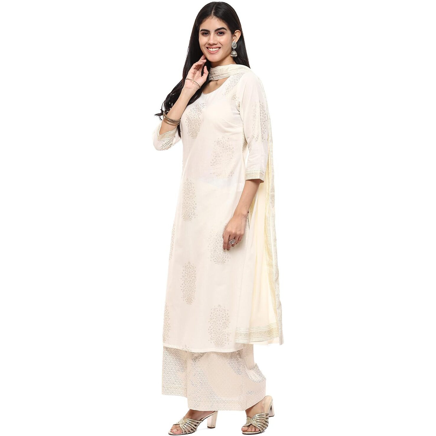 BIBA WOMEN PRINTED STRAIGHT SALWAR KURTA DUPATTA(SKDASSORTED7074E_OFF WHITE_32)