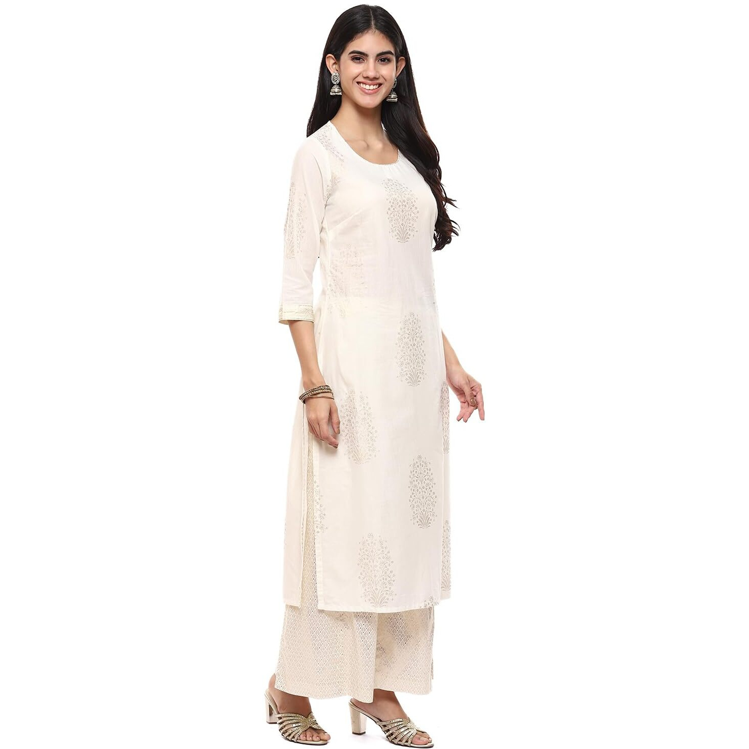 BIBA WOMEN PRINTED STRAIGHT SALWAR KURTA DUPATTA(SKDASSORTED7074E_OFF WHITE_32)