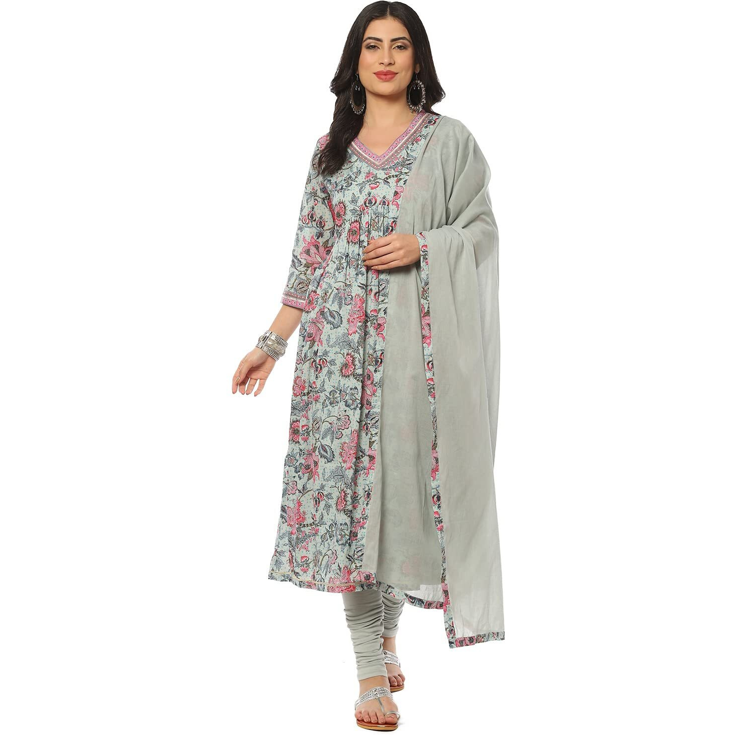 BIBA WOMEN PRINTED FITTED SALWAR KURTA DUPATTA(SKDASSORTED8655_DUL SEA BLUE_40)