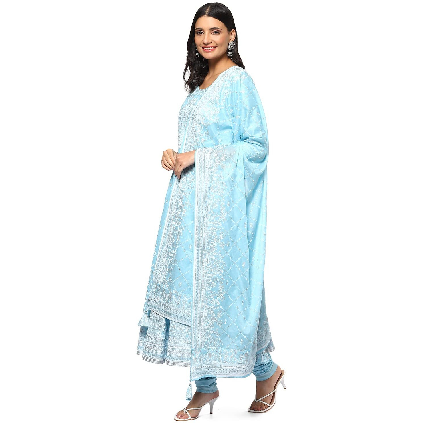 BIBA WOMEN PRINTED FITTED SALWAR KURTA DUPATTA(SKDSHWET SA8635_POWDER BLUE_38)