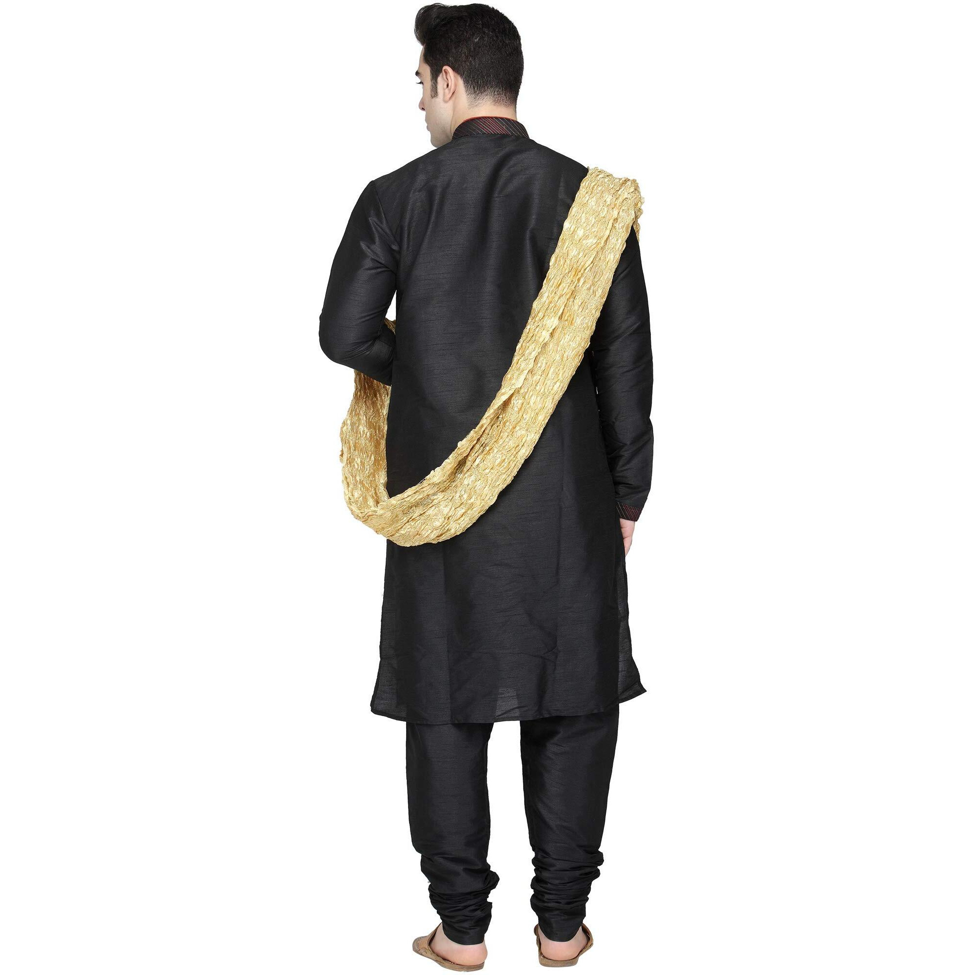 SKAVIJ Men's Art Silk Kurta Pajama and Stole Wedding Ethnic Wear Black_X-Large