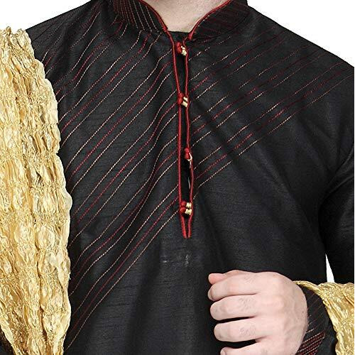 SKAVIJ Men's Art Silk Kurta Pajama and Stole Wedding Ethnic Wear Black_X-Large