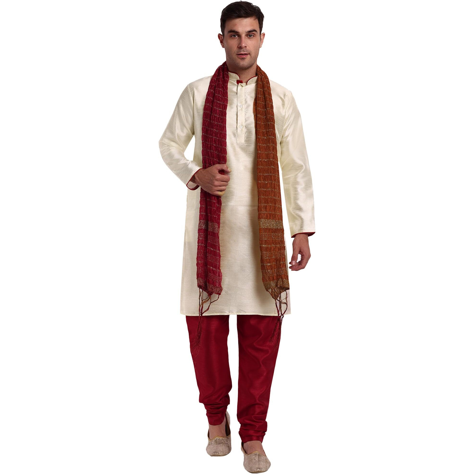 SKAVIJ Men's Art Silk Indian Ethnic Wear Kurta Pajama and Scarf Suit Festivals Season Party Dress Set Offwhite_Medium