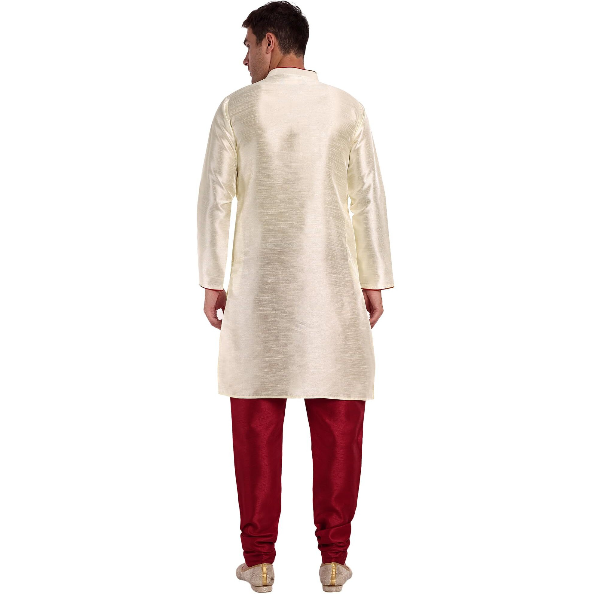 SKAVIJ Men's Art Silk Indian Ethnic Wear Kurta Pajama and Scarf Suit Festivals Season Party Dress Set Offwhite_Medium