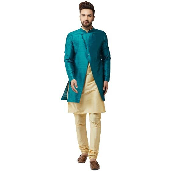 Sojanya (Since 1958, Men's Silk Blend Gold Kurta Churidaar Pyjama & Peacock Blue Jacket COMBO, Size 38