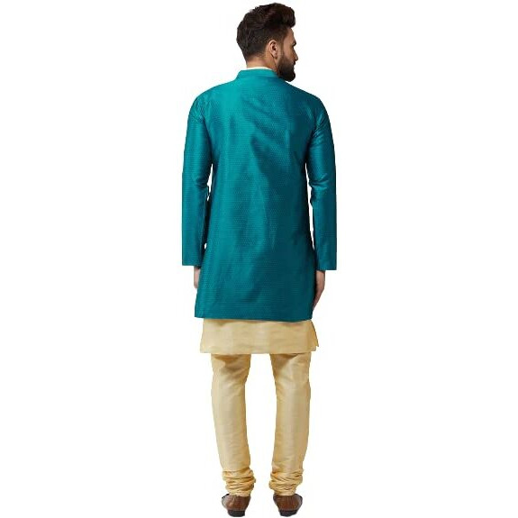 Sojanya (Since 1958, Men's Silk Blend Gold Kurta Churidaar Pyjama & Peacock Blue Jacket COMBO, Size 38