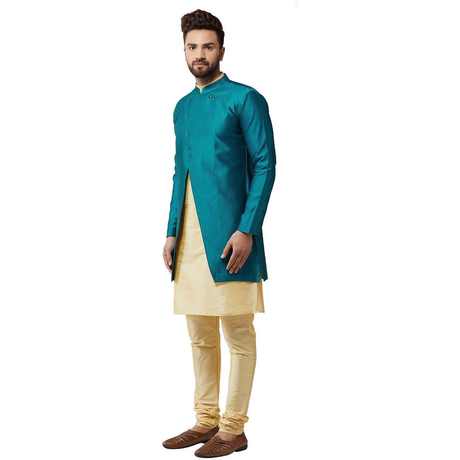 Sojanya (Since 1958, Men's Silk Blend Gold Kurta Churidaar Pyjama & Peacock Blue Jacket COMBO, Size 38