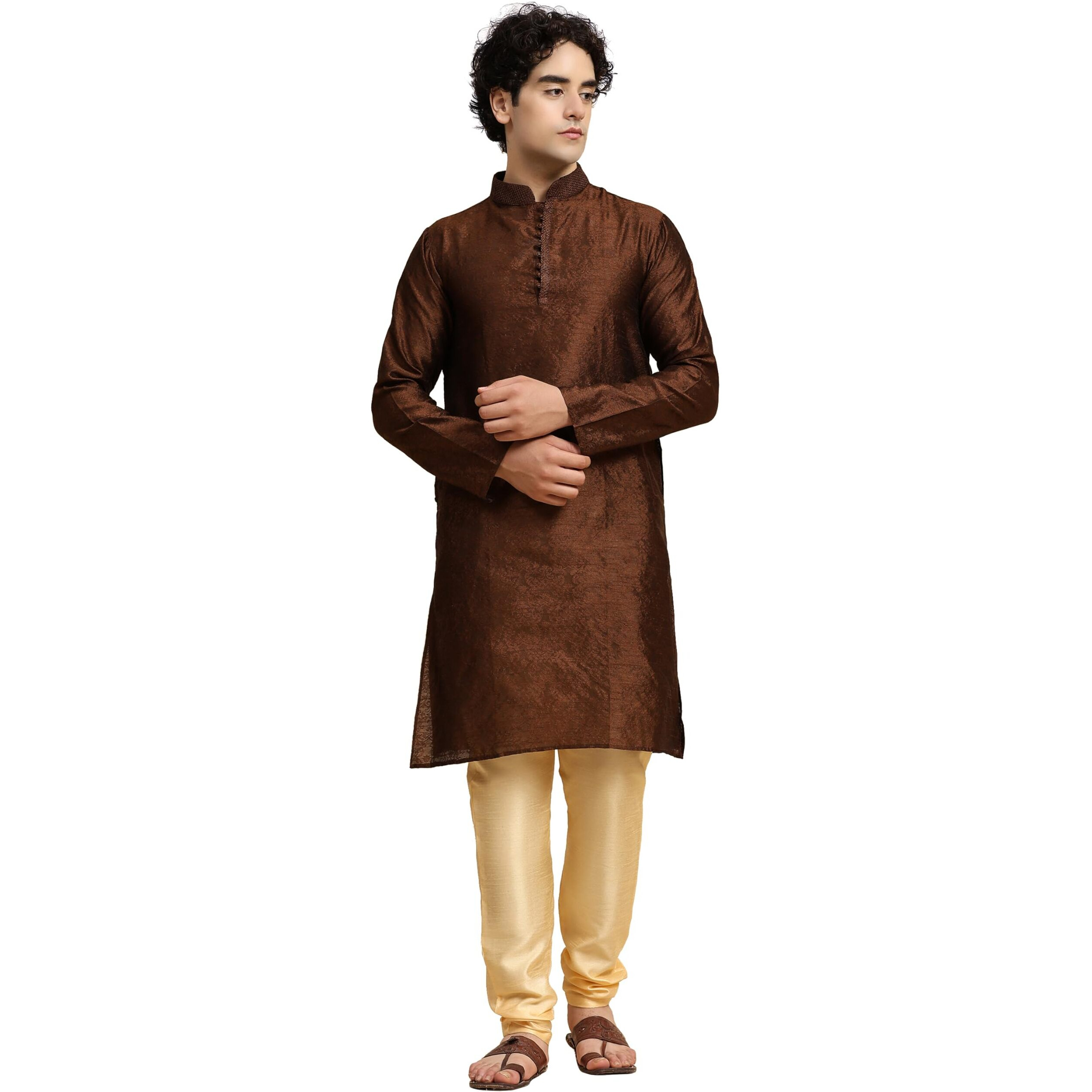 SKAVIJ Men Art Silk Ethnic Kurta Pajama Party Dress Set Dark_Brown_Small