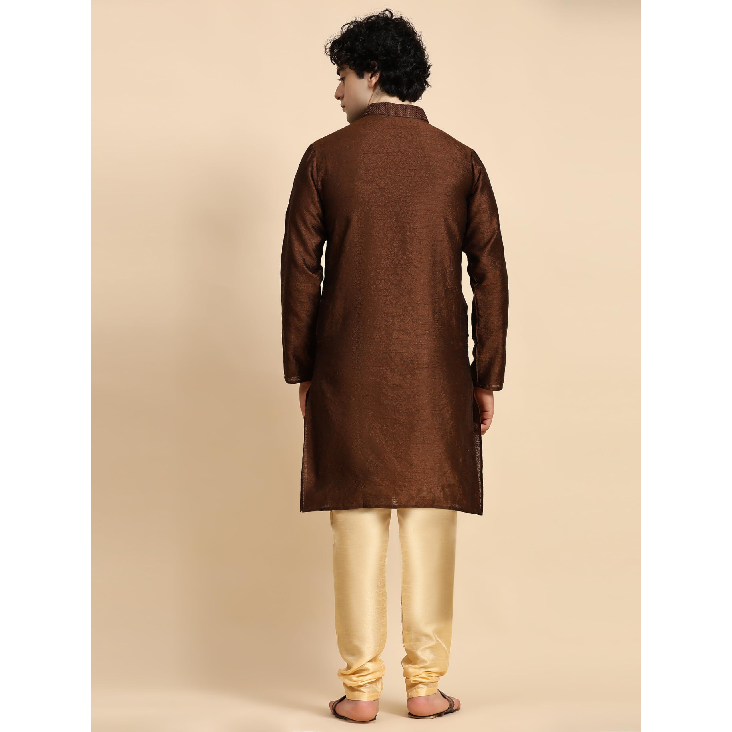 SKAVIJ Men Art Silk Ethnic Kurta Pajama Party Dress Set Dark_Brown_Small