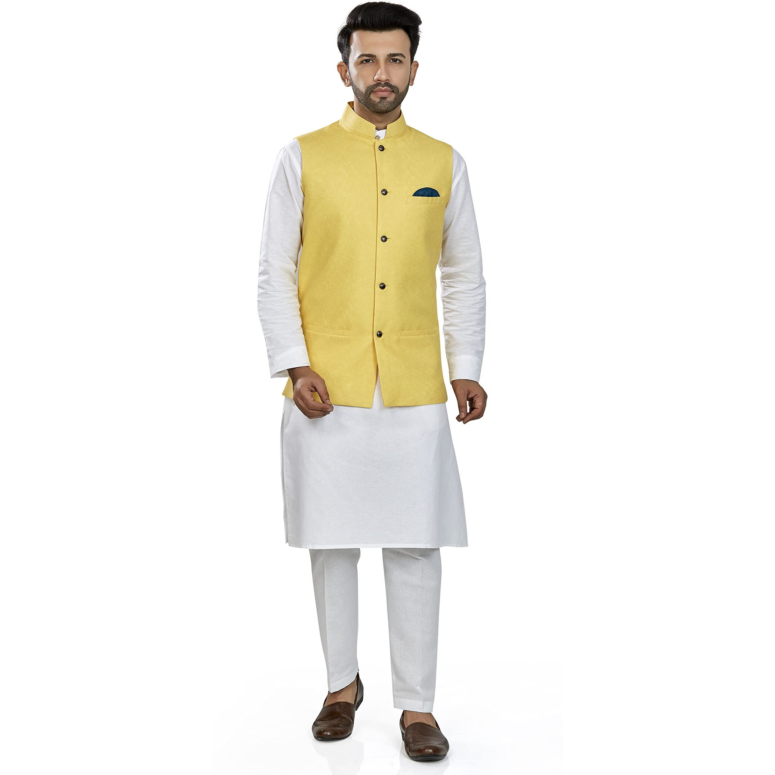 baaamboos 100% Cotton Solid Pattern Trendy Comfortable Stylish Full Sleeve Kurta Pajama Set with latest Jacket Nehru Style Koti for Men's Ethnic Wear (S,Yellow)