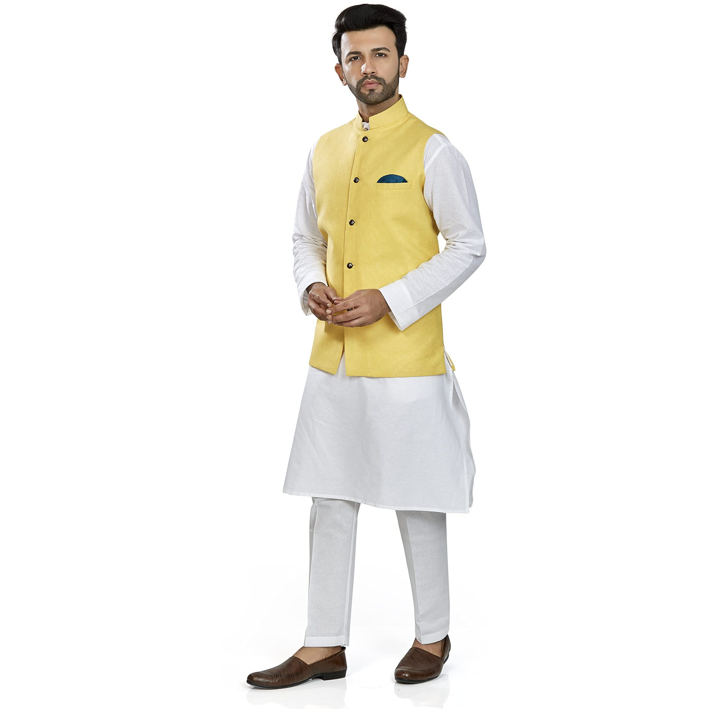 baaamboos 100% Cotton Solid Pattern Trendy Comfortable Stylish Full Sleeve Kurta Pajama Set with latest Jacket Nehru Style Koti for Men's Ethnic Wear (S,Yellow)