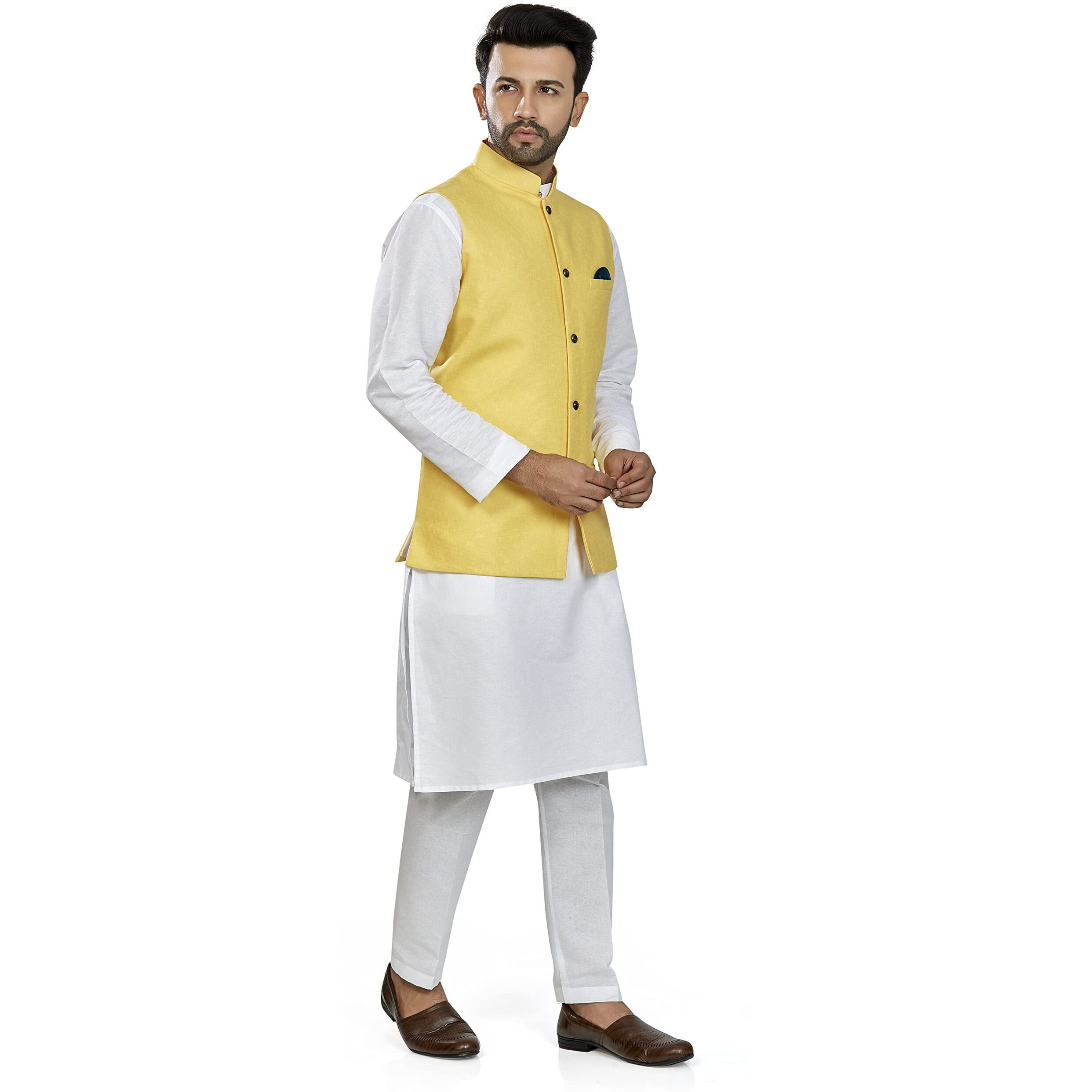 baaamboos 100% Cotton Solid Pattern Trendy Comfortable Stylish Full Sleeve Kurta Pajama Set with latest Jacket Nehru Style Koti for Men's Ethnic Wear (S,Yellow)