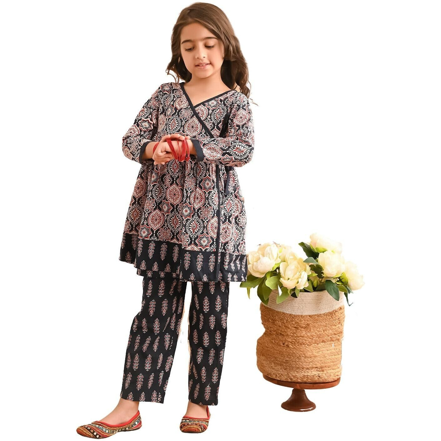 LILPICKS Ethnic Motif Printed Peplum Angrakha Kurta Palazzo Set for Girls (Multi Black) (4-5Y)