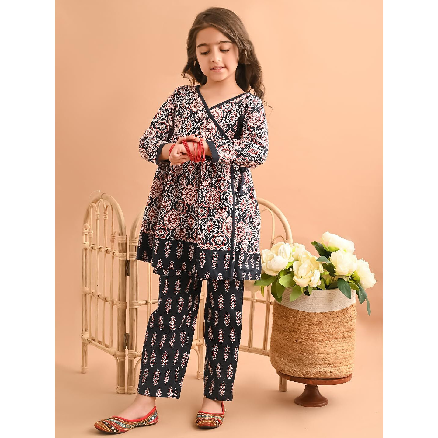 LILPICKS Ethnic Motif Printed Peplum Angrakha Kurta Palazzo Set for Girls (Multi Black) (4-5Y)