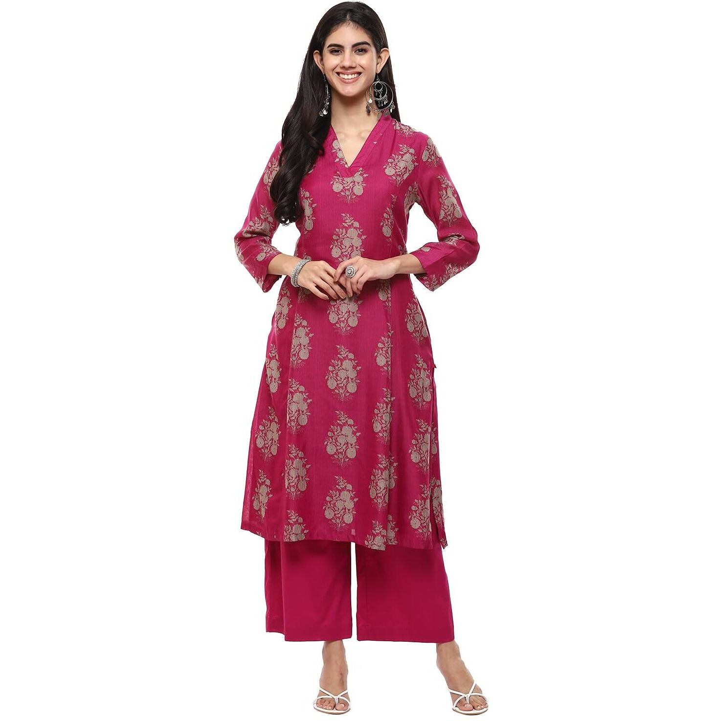 BIBA WOMEN PRINTED ANARKALI SALWAR KURTA DUPATTA(SKDASSORTED6852E_MAGENTA_34)