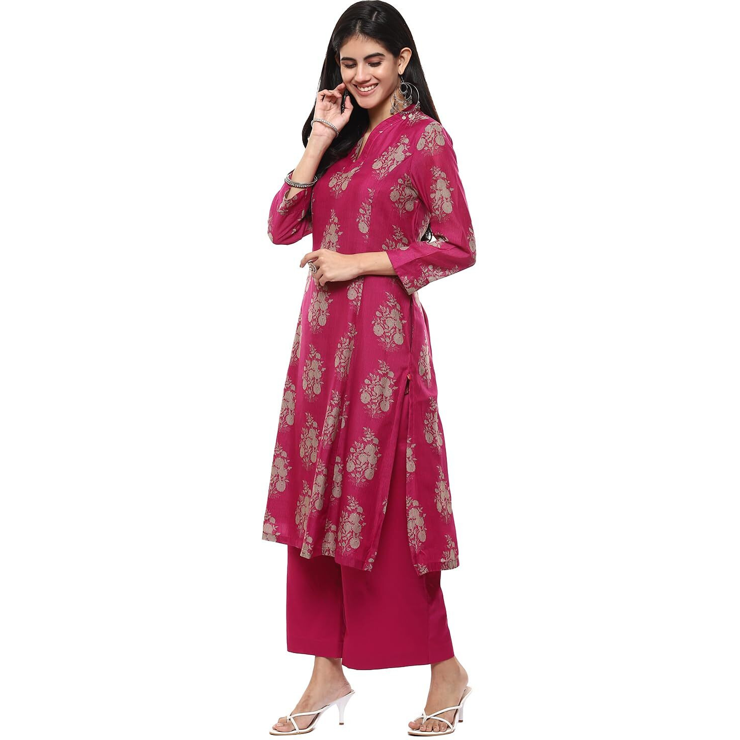 BIBA WOMEN PRINTED ANARKALI SALWAR KURTA DUPATTA(SKDASSORTED6852E_MAGENTA_34)