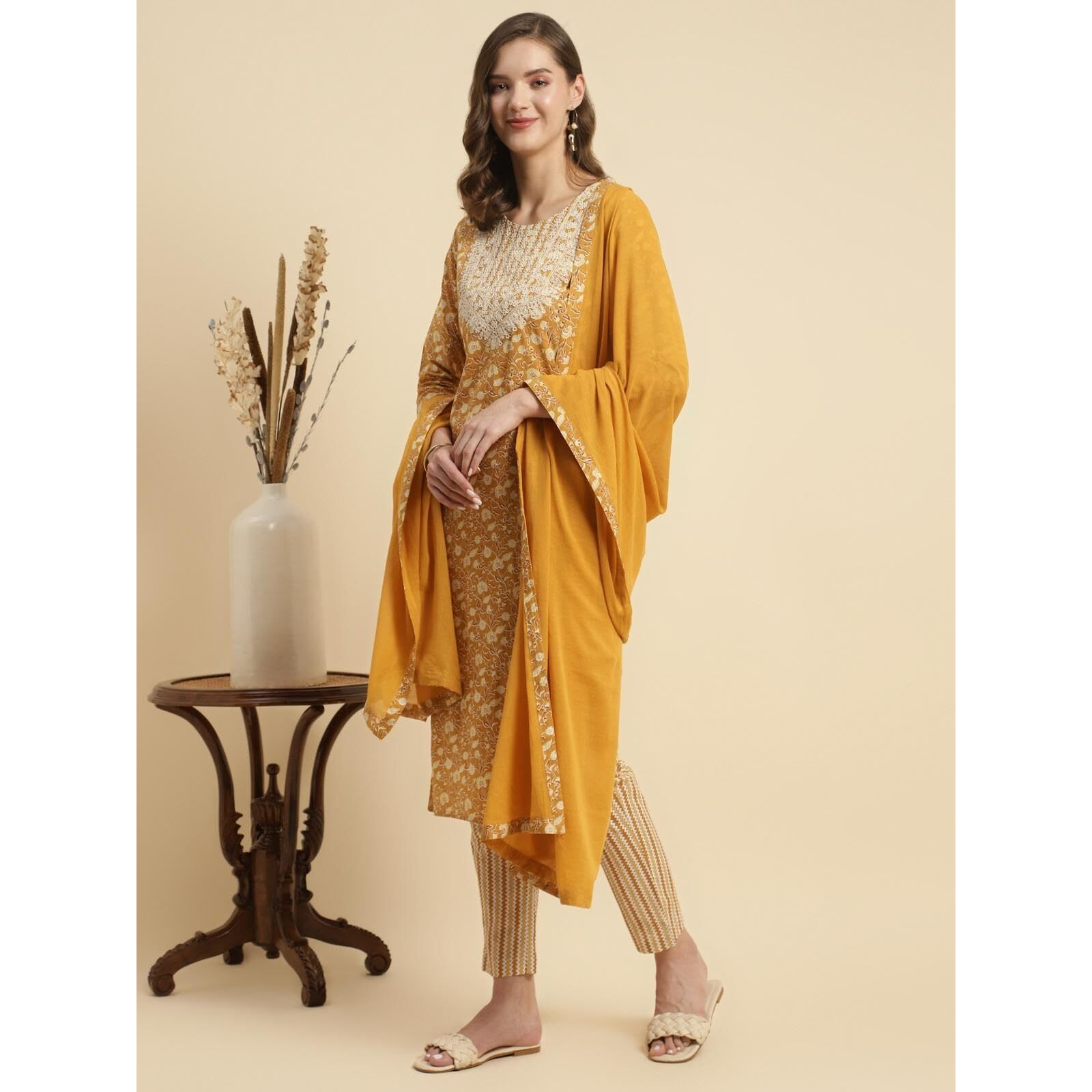 rangita Mustard Cotton Embroidered Straight Kurta with Pant and Dupatta | Kurta Set for Women_M