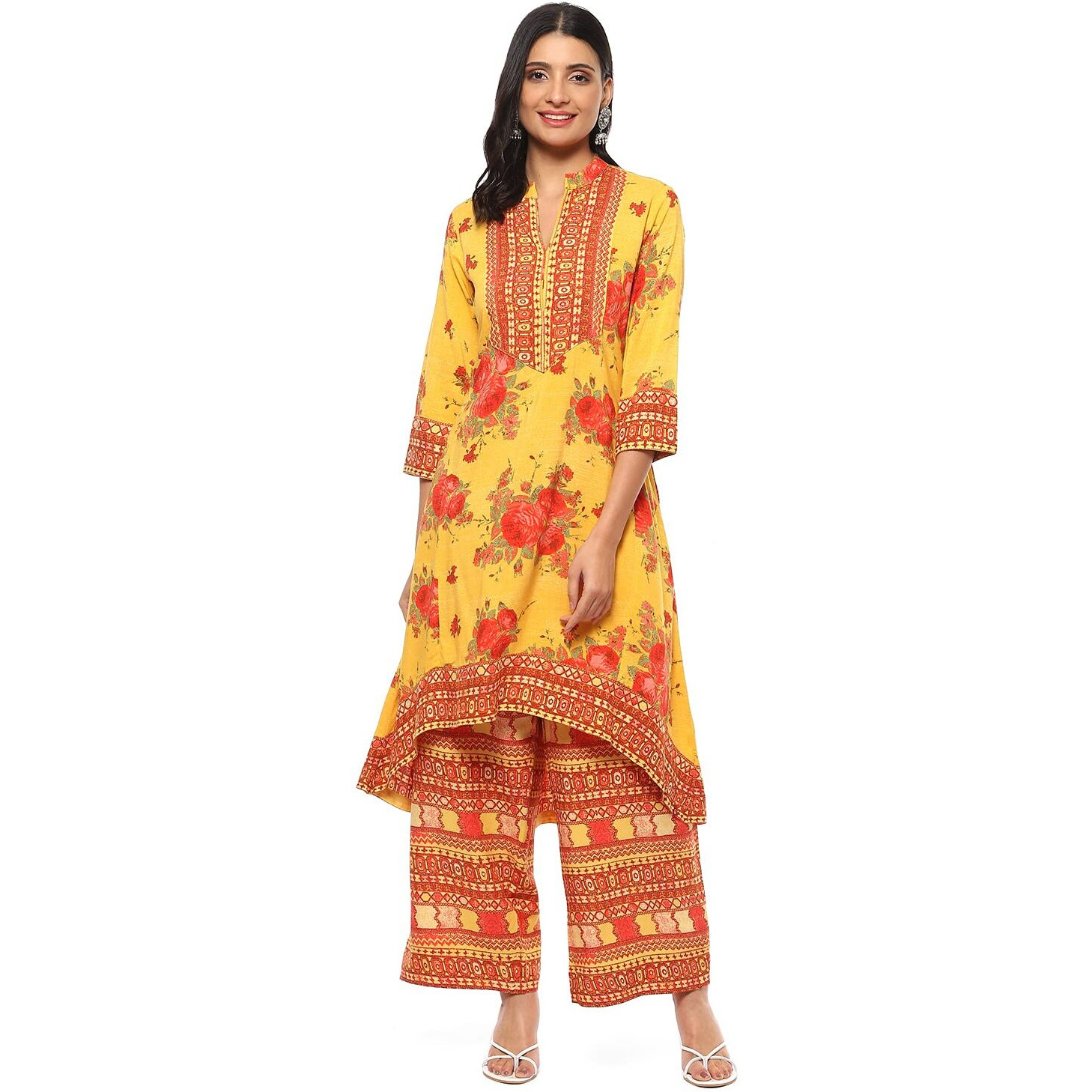 BIBA Women Rayon Printed Straight Salwar Kurta Dupatta(Skdrose Bow8773_Yellow_38)