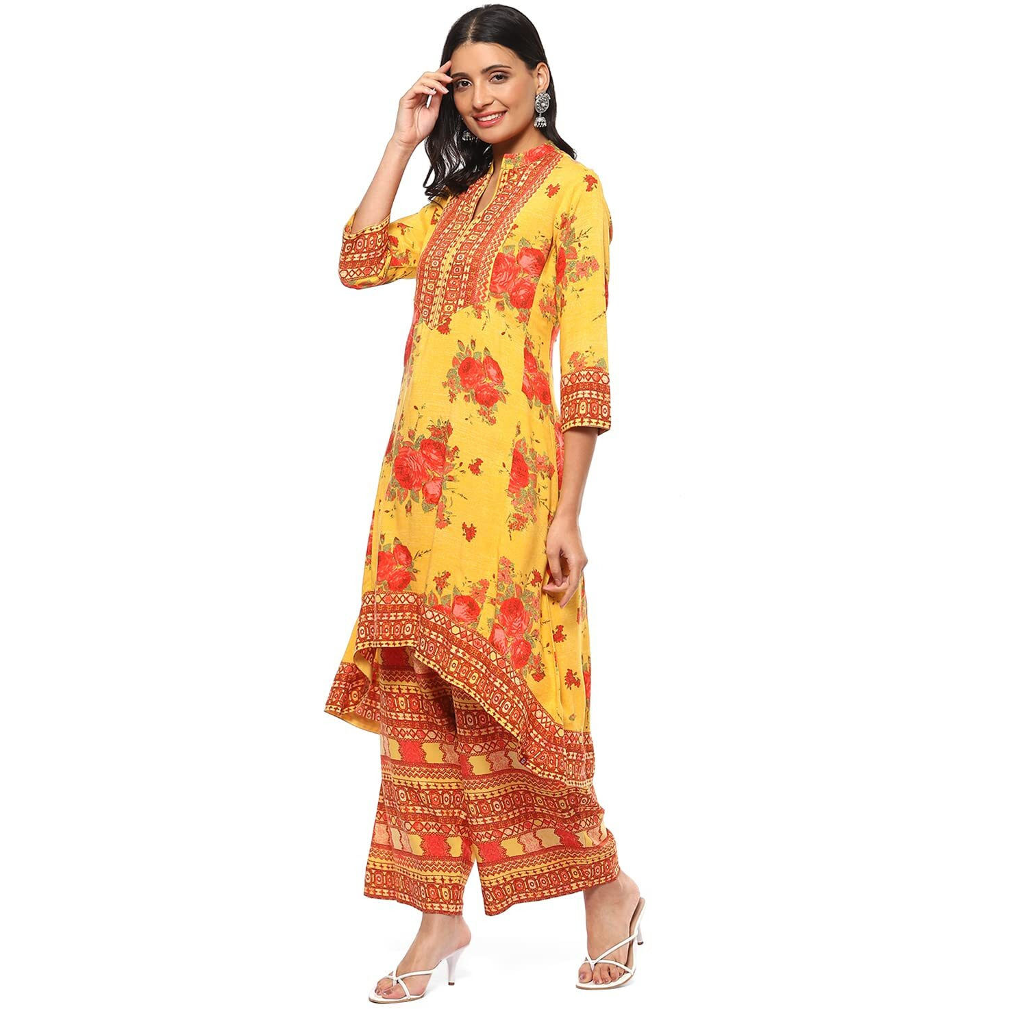 BIBA Women Rayon Printed Straight Salwar Kurta Dupatta(Skdrose Bow8773_Yellow_38)