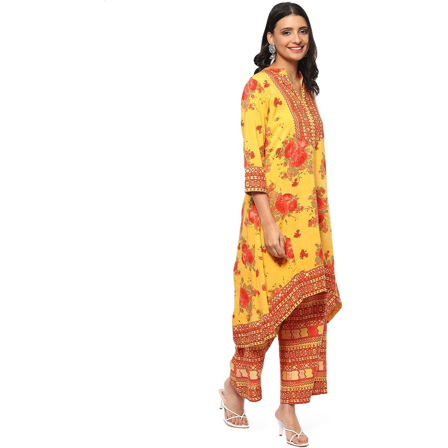 BIBA Women Rayon Printed Straight Salwar Kurta Dupatta(Skdrose Bow8773_Yellow_38)