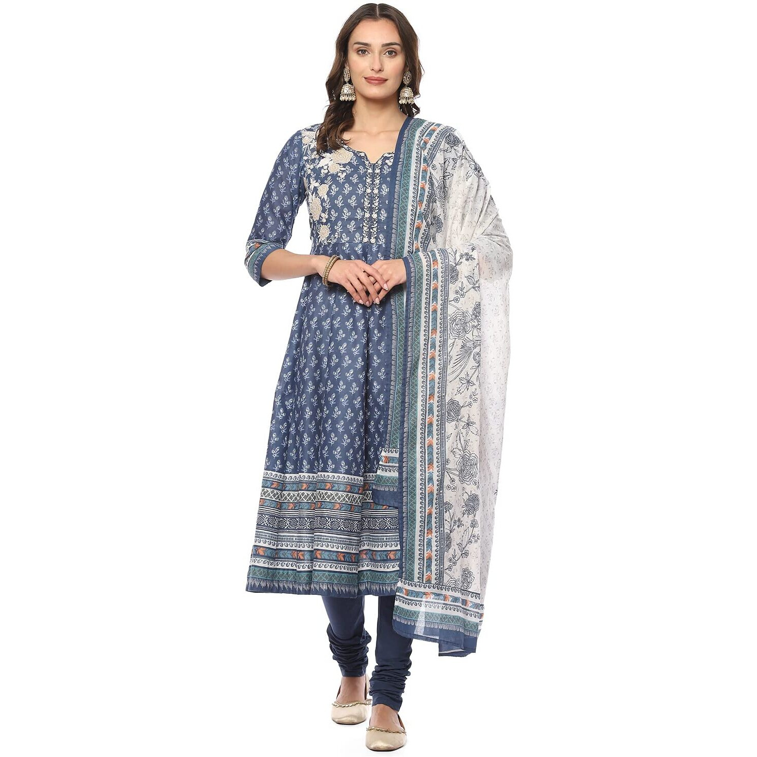 BIBA WOMEN PRINTED FITTED SALWAR KURTA DUPATTA(SKDASSORTED8618_INDIGO_38)