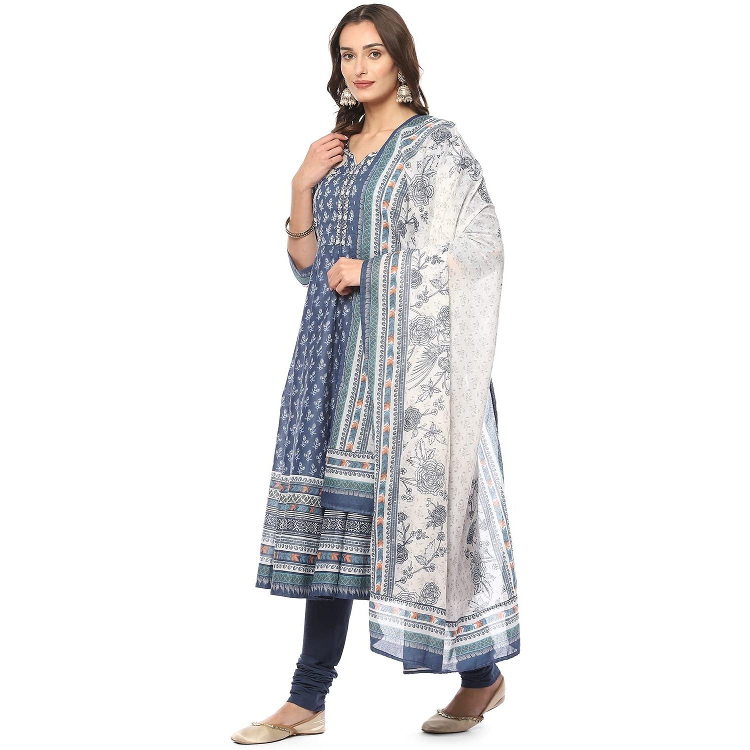 BIBA WOMEN PRINTED FITTED SALWAR KURTA DUPATTA(SKDASSORTED8618_INDIGO_38)