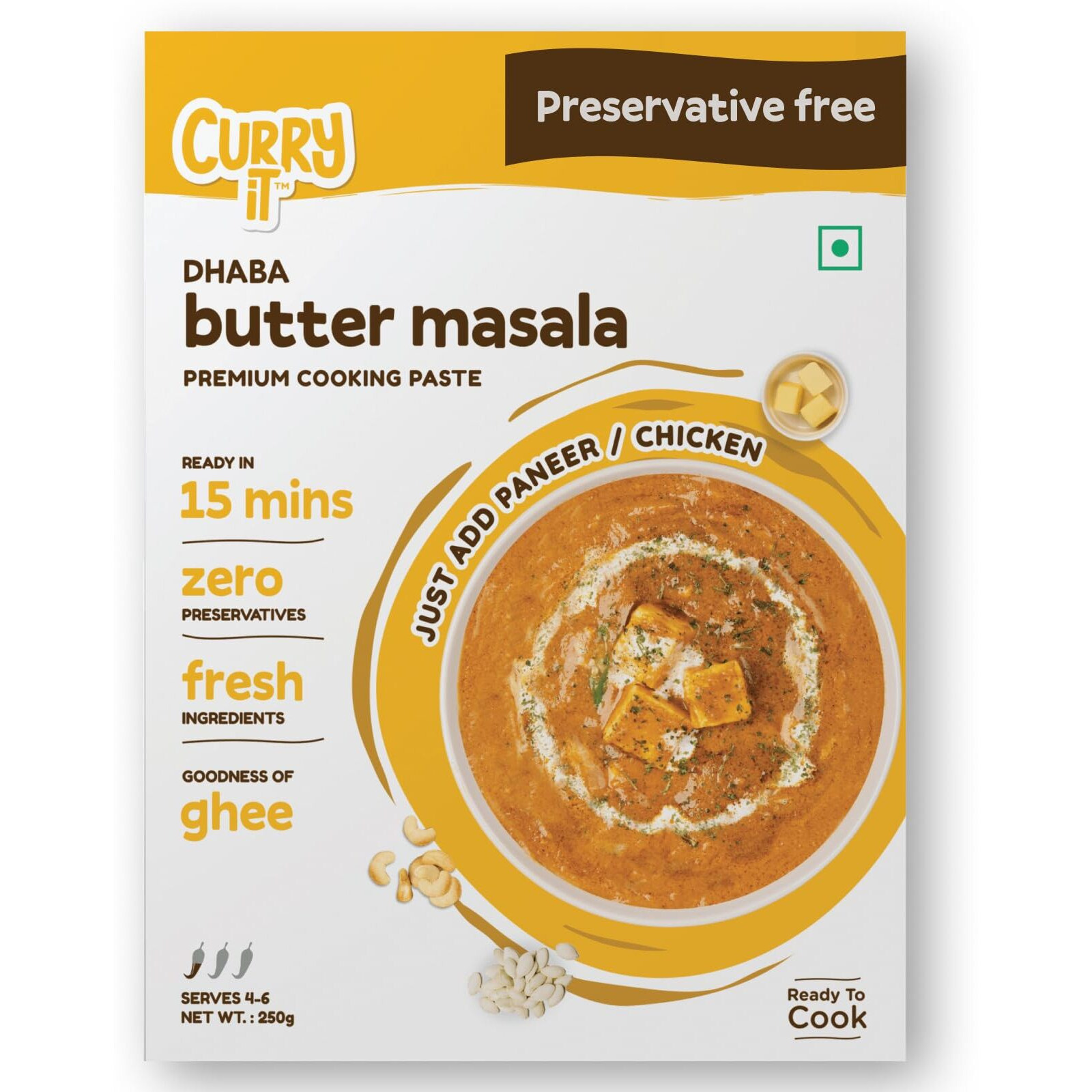 CURRYiT Instant Dhaba Style Butter Masala Curry Paste (Pack of 1)| Just Add Chicken Mutton Fish, Egg, Paneer | Ready in 15-30 Mins | Serves 4-6 | Made with Ghee | No Preservatives | Ready To Cook Indian Masala Gravy | 250g