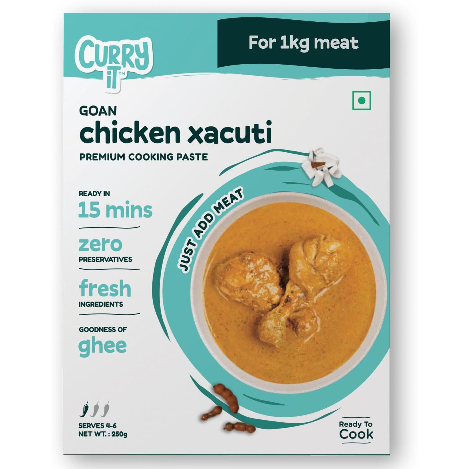 CURRYiT Instant Goan Chicken Xacuti Curry Paste | Just Add Chicken, Mutton, Fish | Ready in 15-30 Mins | Serves 4-6 | Made with Ghee | No Preservatives | Ready To Cook Indian Masala Gravy | 250g