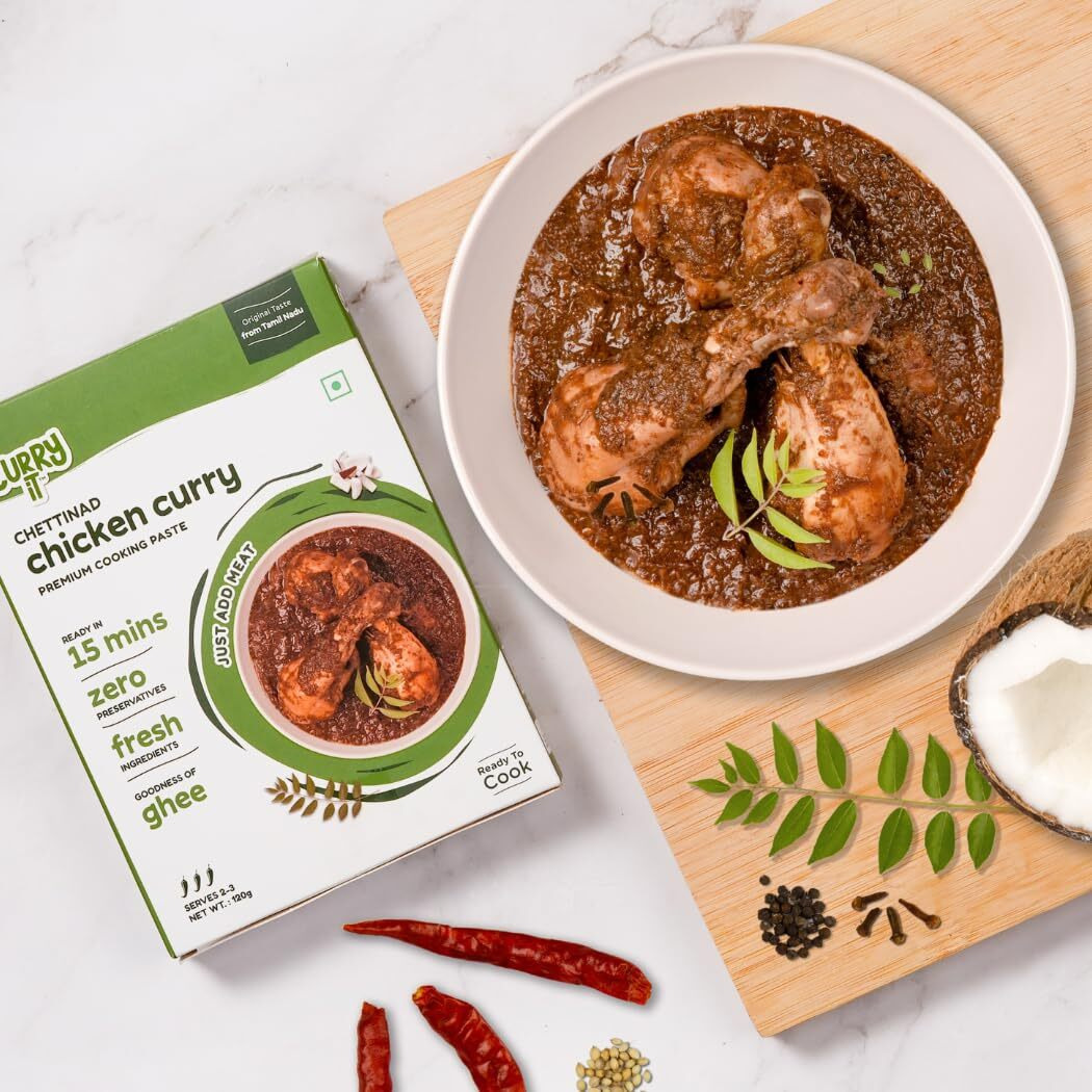 CURRYiT Instant Chettinad Chicken Curry Paste | Just Add Chicken, Mutton, Fish, Egg | Ready in 15-30 Mins | Serves 4-6 | Made with Ghee | No Preservatives | Ready To Cook Indian Masala Gravy | 250g