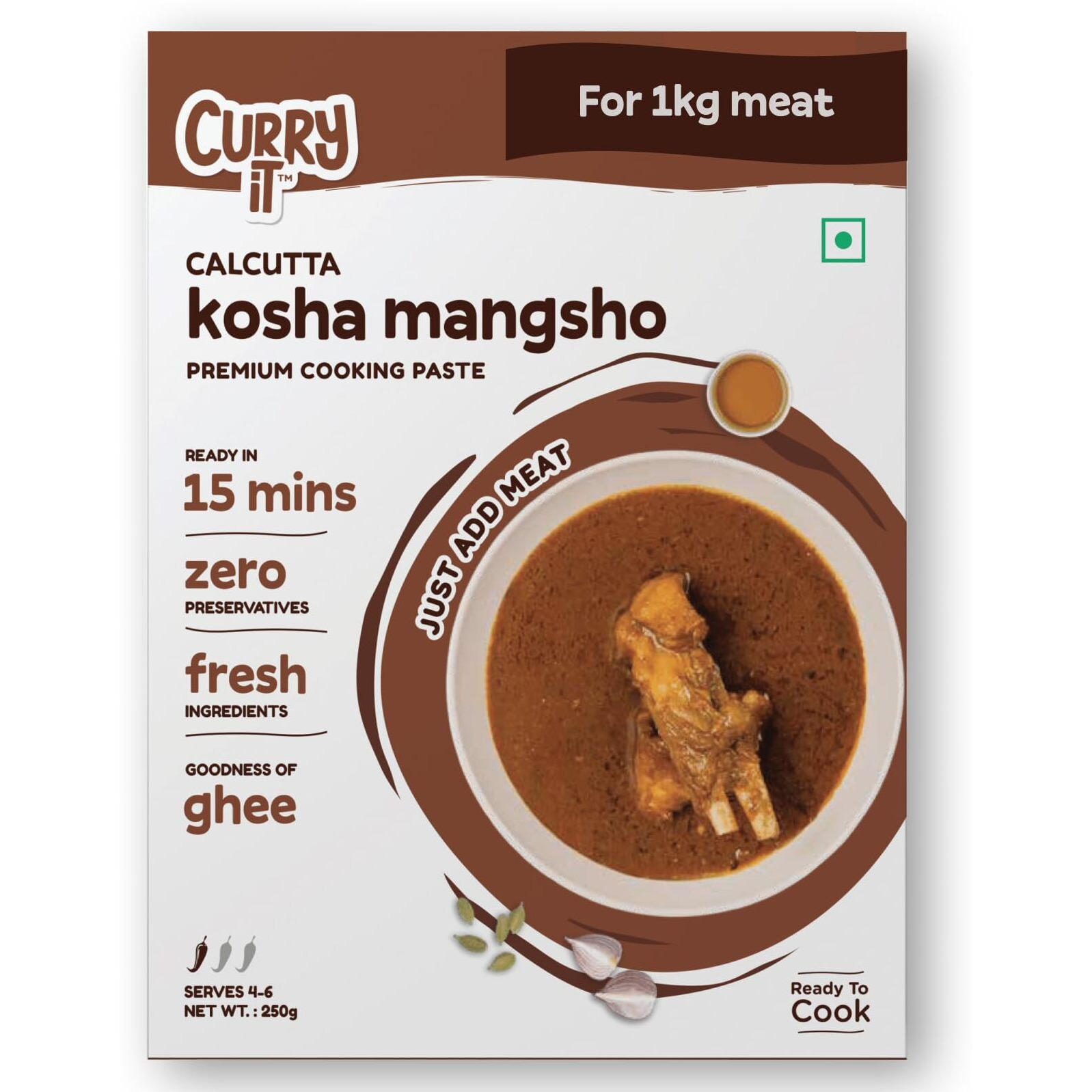 CURRYiT Instant Calcutta Kosha Mangsho Curry Paste | Just Add Mutton, Chicken, Fish | Ready in 15-30 Mins | Serves 4-6 | Made with Ghee | No Preservatives | Ready To Cook Indian Masala Gravy | 250g