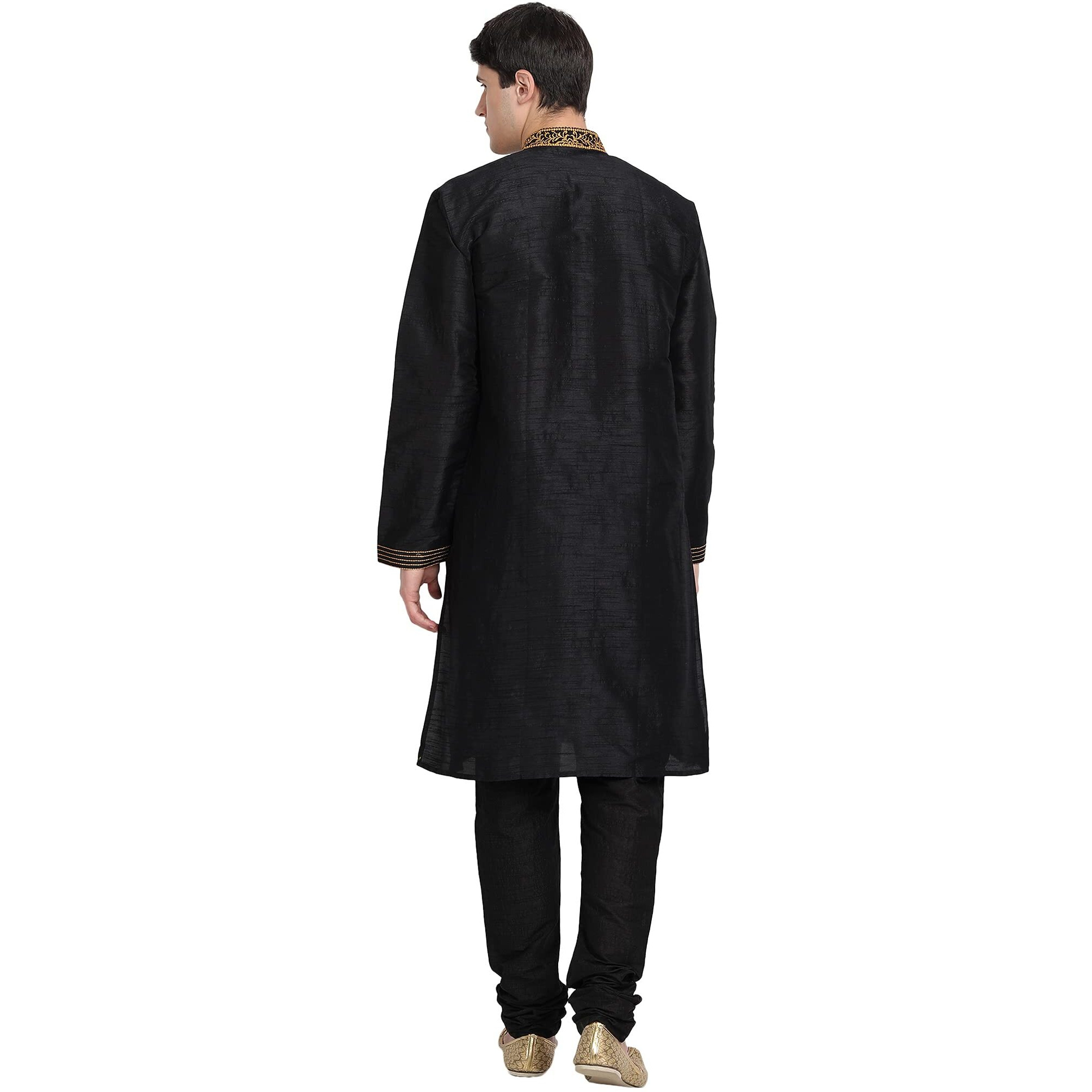 SKAVIJ Men's Kurta Pajama Set Embroidered Art Silk Wedding Party Dress Black XL