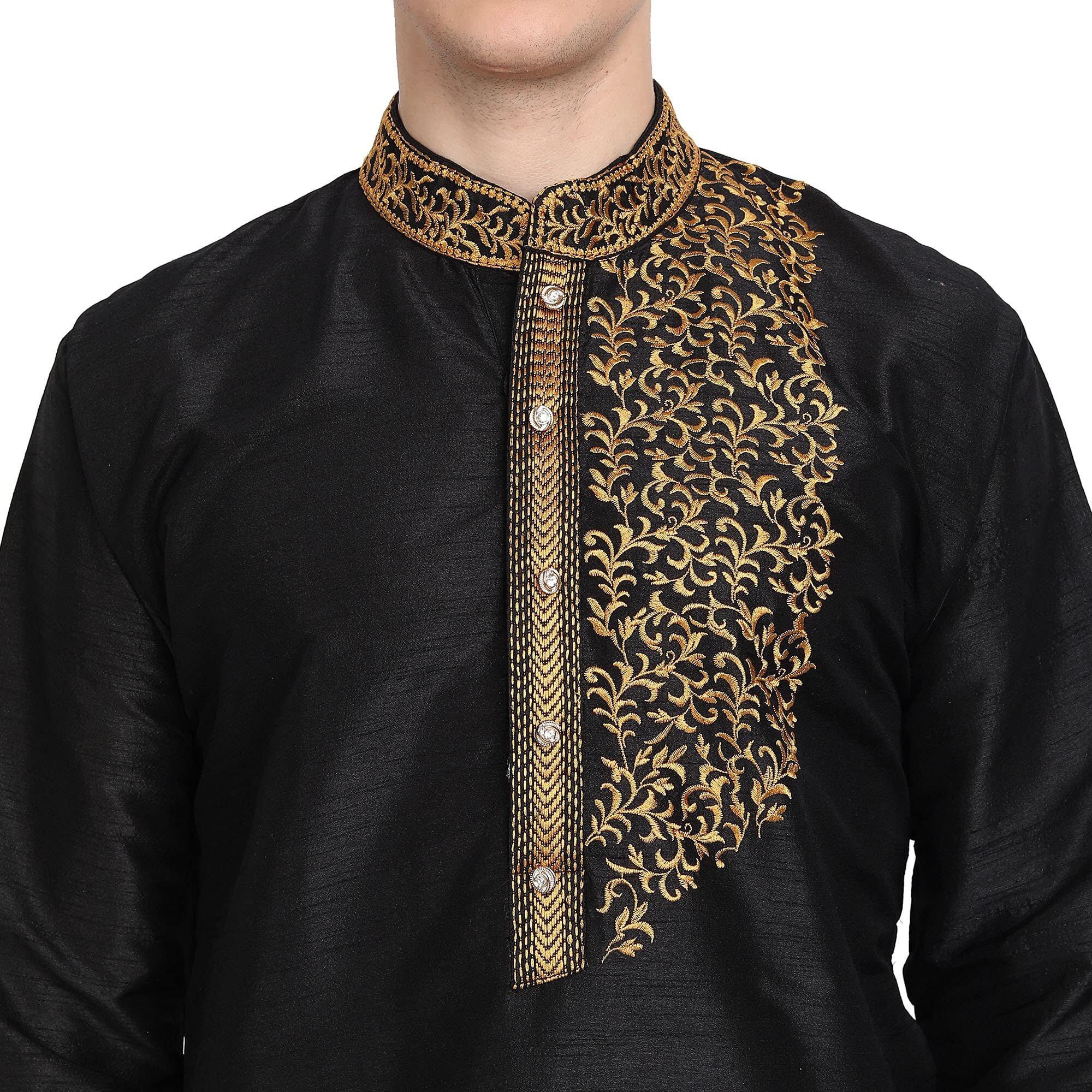 SKAVIJ Men's Kurta Pajama Set Embroidered Art Silk Wedding Party Dress Black XL