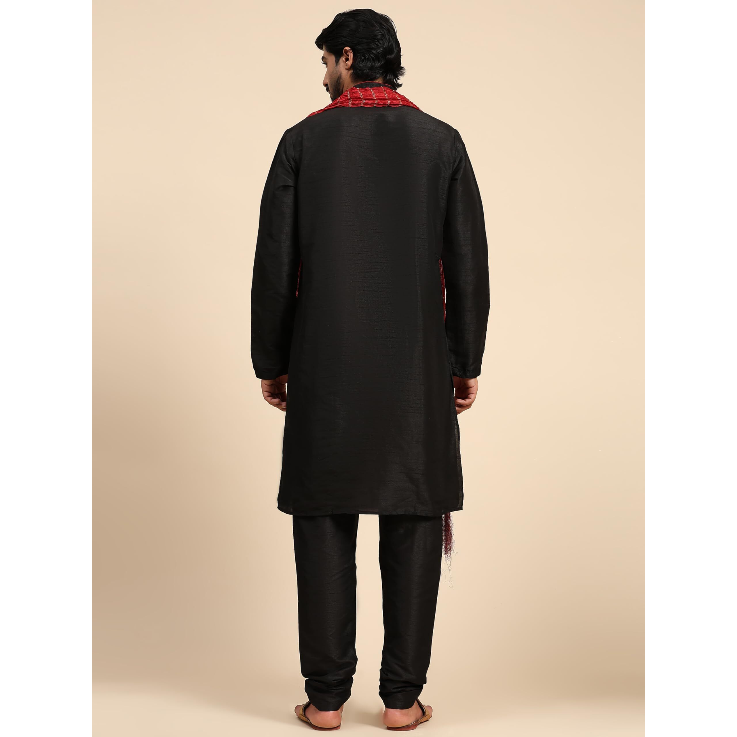 SKAVIJ Men's Art Silk Kurta Pajama and Stole Traditional Outfits for Party Black_Small