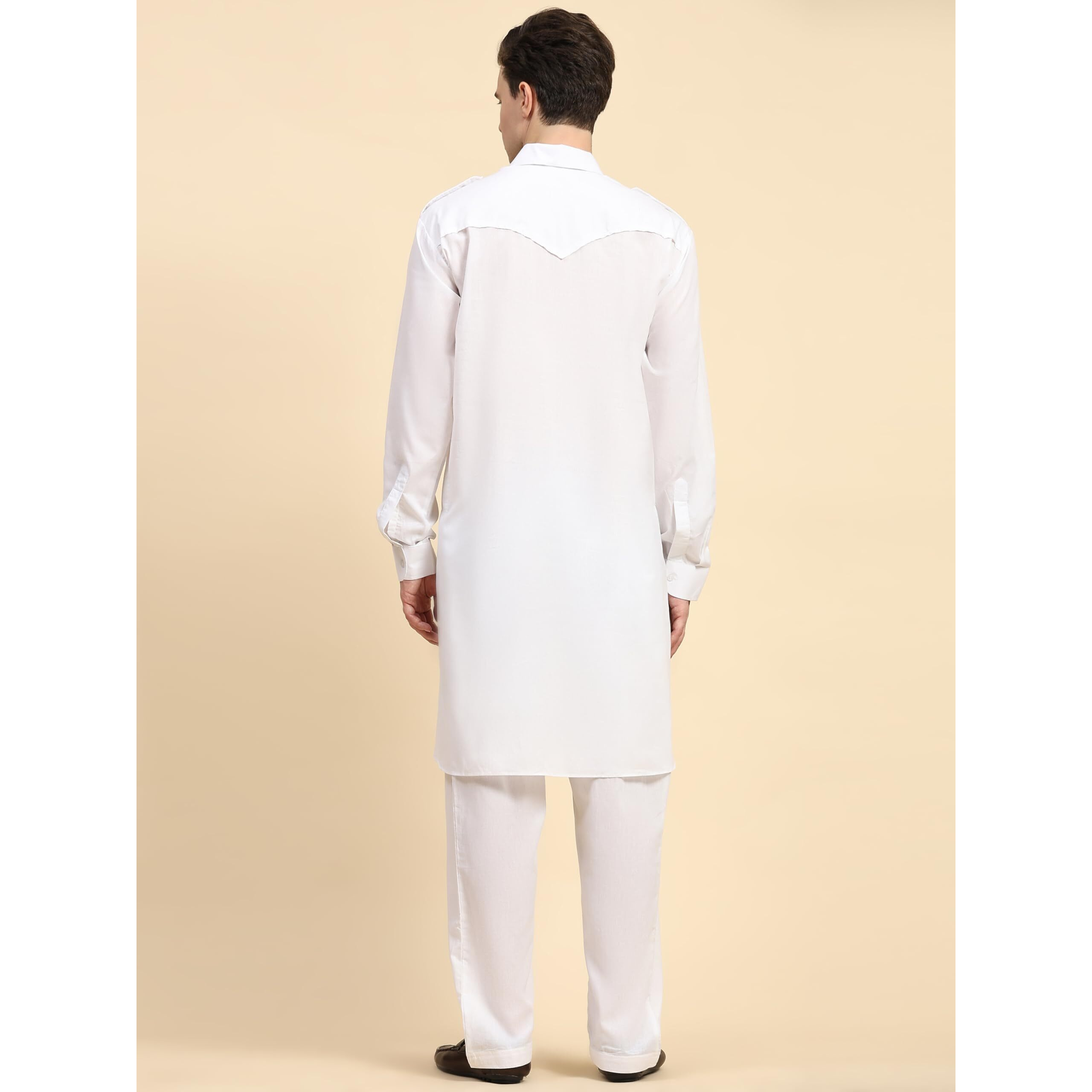 SKAVIJ Men's Casual Pathani Kurta with Salwar Traditional Clothing Set Regular Fit White, L