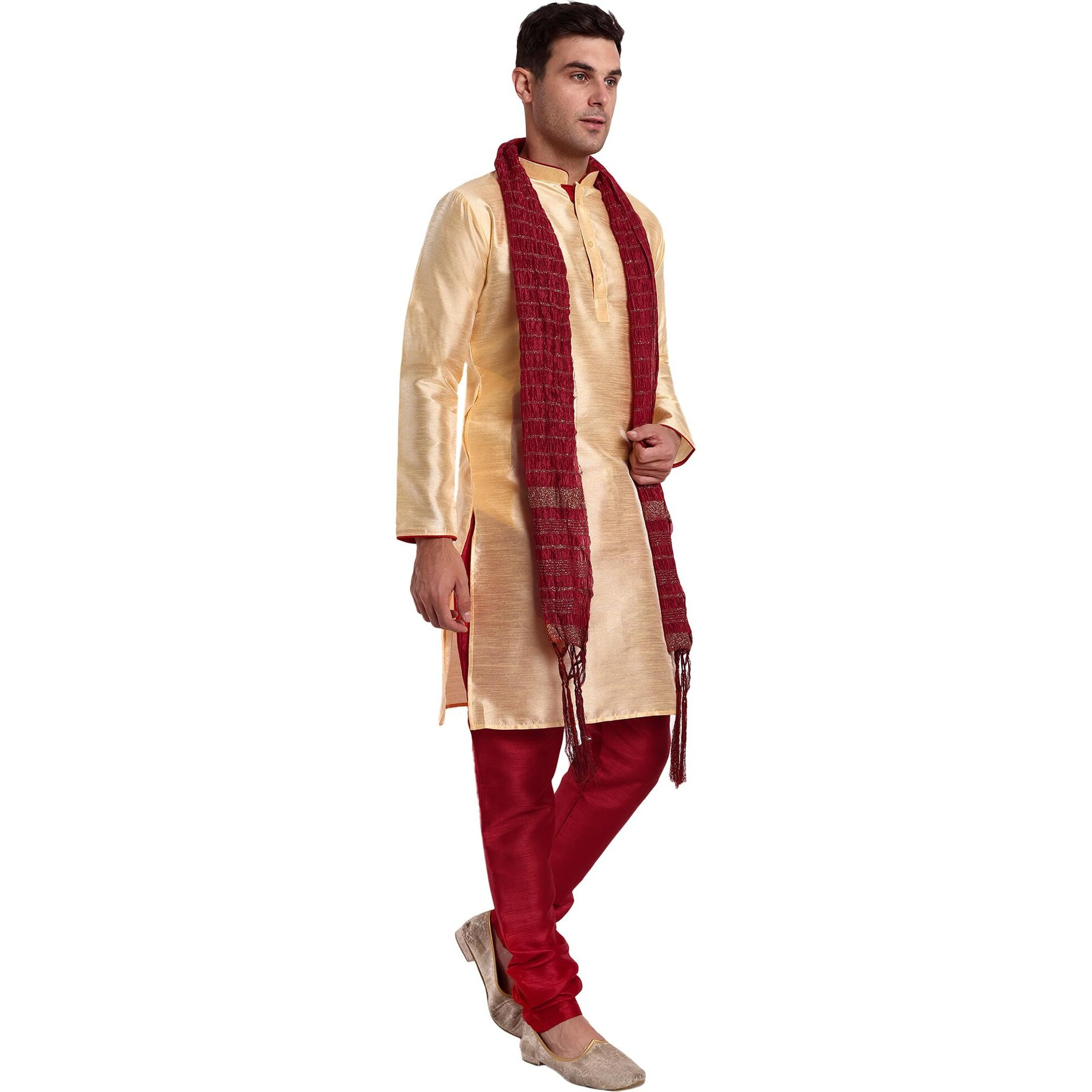 SKAVIJ Men's Art Silk Indian Ethnic Wear Kurta Pajama and Scarf Suit Festivals Season Party Dress Set Beige_Large