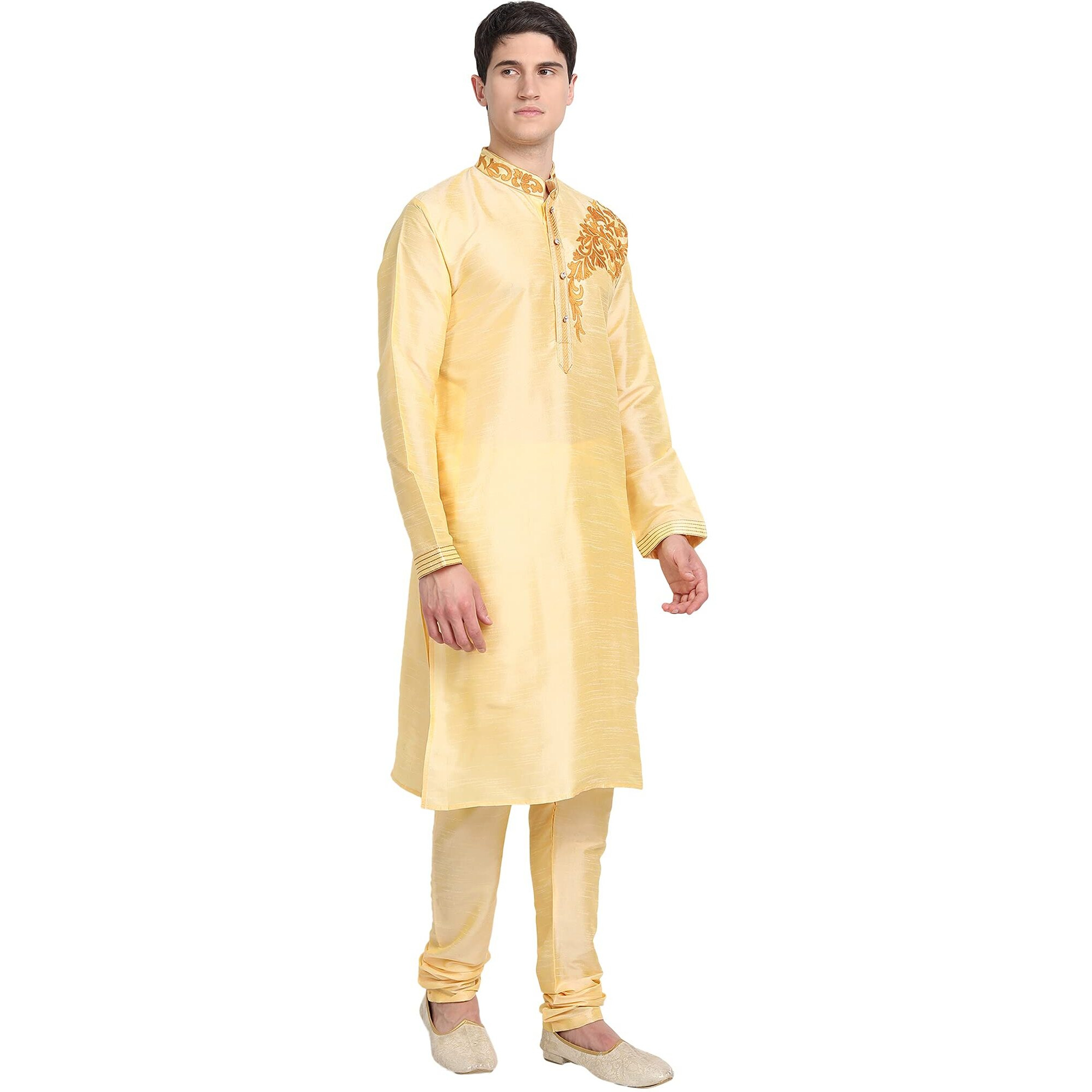 SKAVIJ Men's Kurta Pajama Set Embroidered Art Silk Dress for Wedding Party Beige_Small