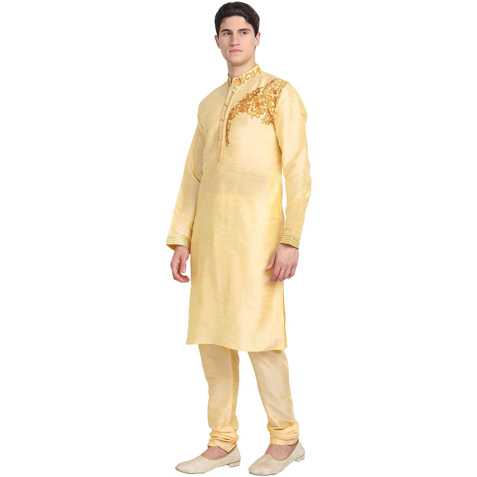 SKAVIJ Men's Kurta Pajama Set Embroidered Art Silk Dress for Wedding Party Beige_Small