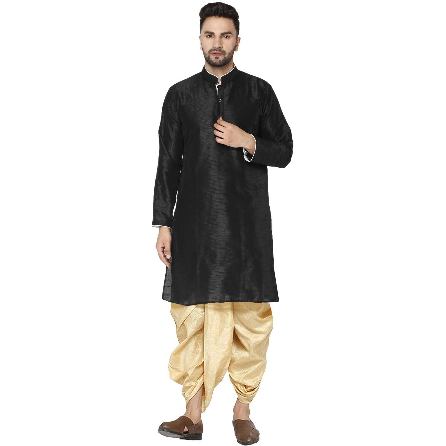 SKAVIJ Men's Art Silk Dhoti Kurta Traditional Ethnic Dress Set (Black, XL)