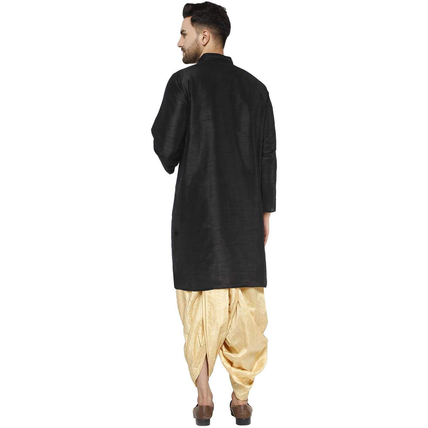 SKAVIJ Men's Art Silk Dhoti Kurta Traditional Ethnic Dress Set (Black, XL)