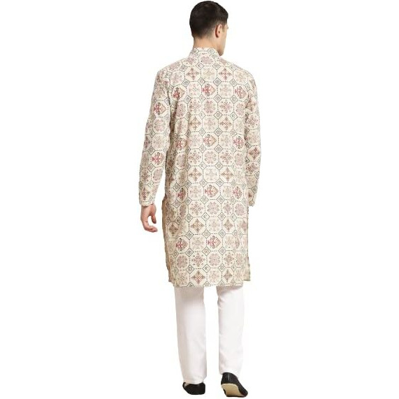 SOJANYA (Since 1958 Men's Cotton Linen Cream & Multi Print Kurta & White Churidar Pyjama Set