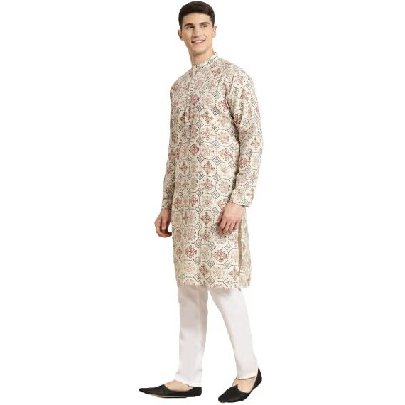 SOJANYA (Since 1958 Men's Cotton Linen Cream & Multi Print Kurta & White Churidar Pyjama Set