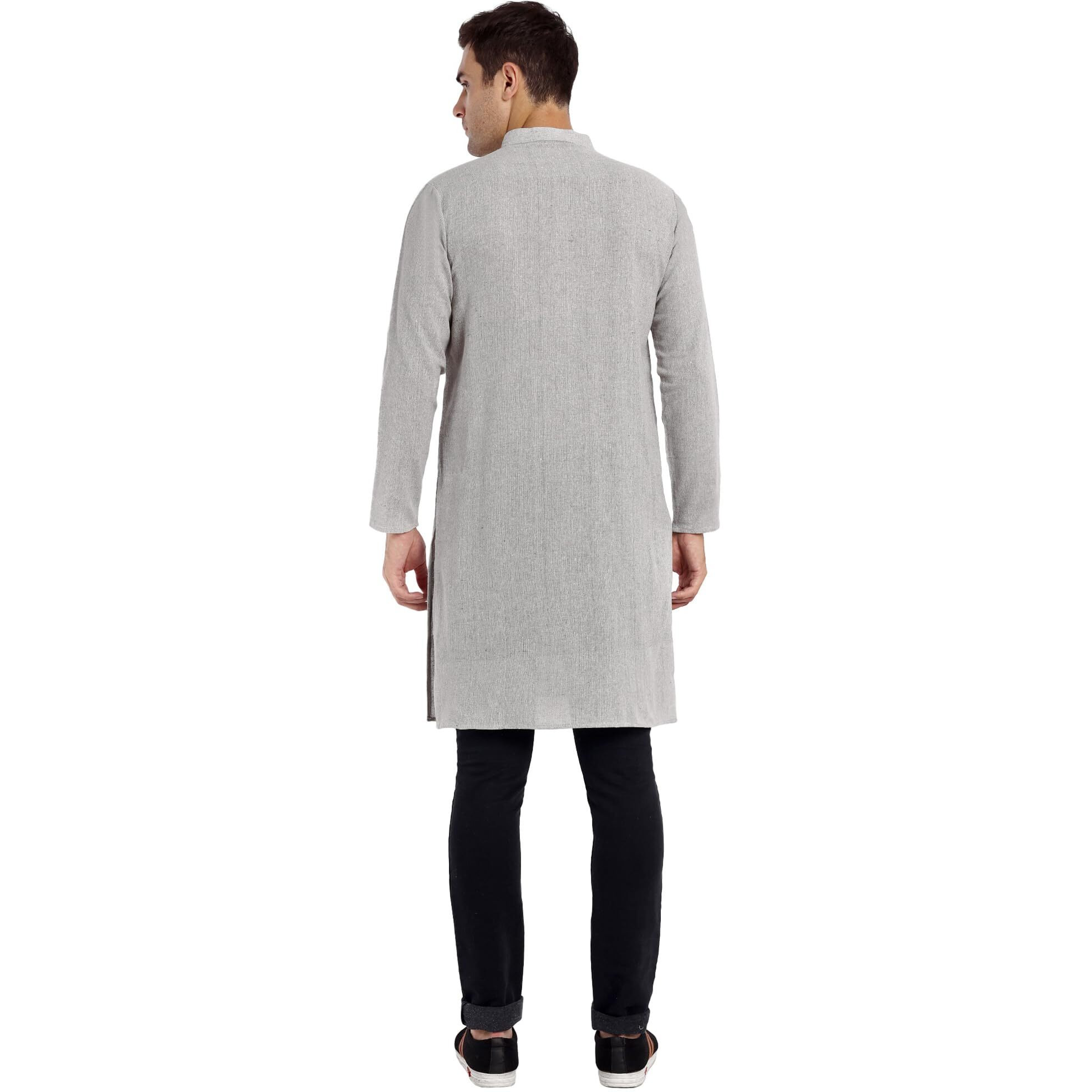 SKAVIJ Mens Handloom Cotton Long Kurta Indian Casual Wear Shirt Regular Fit Grey_Medium