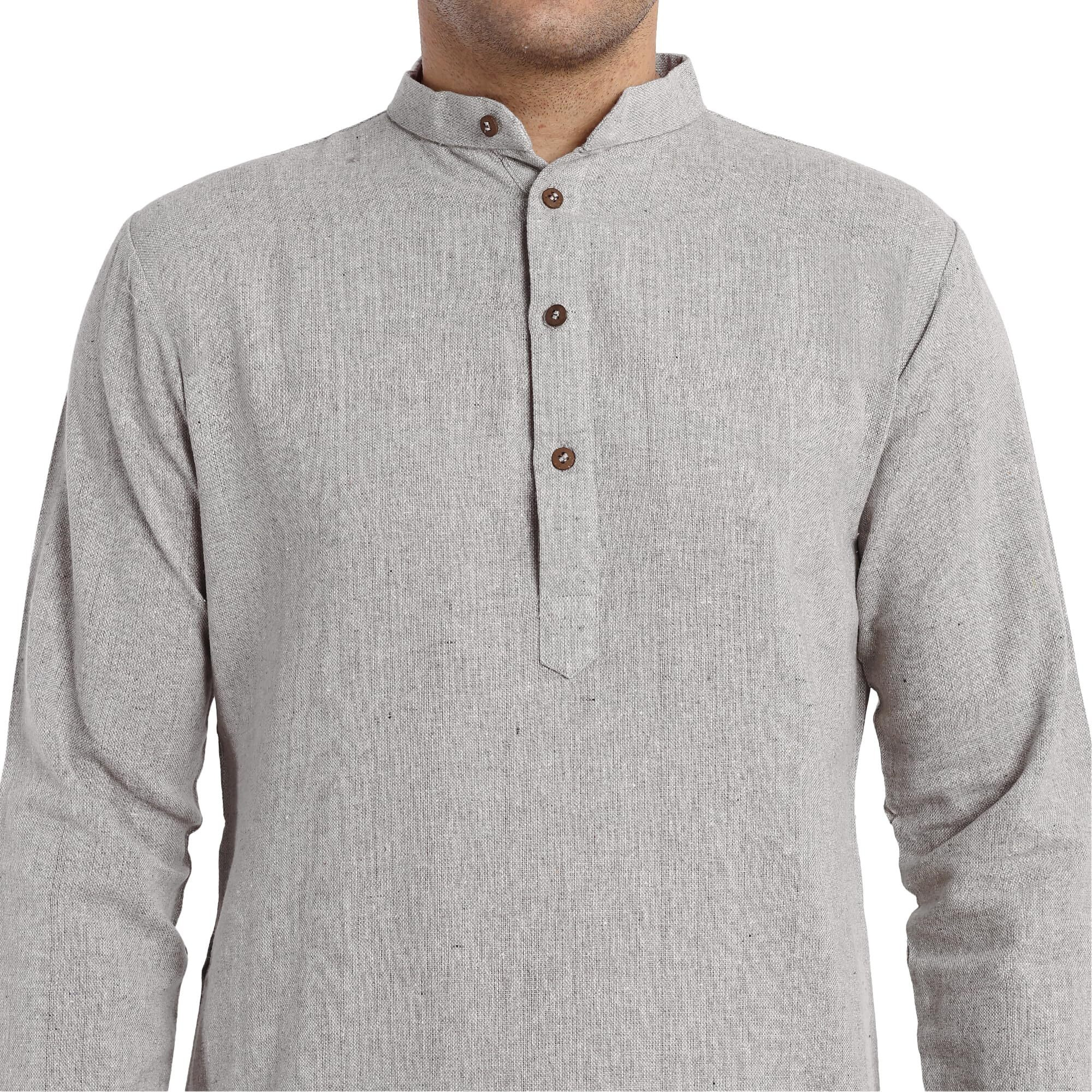 SKAVIJ Mens Handloom Cotton Long Kurta Indian Casual Wear Shirt Regular Fit Grey_Medium