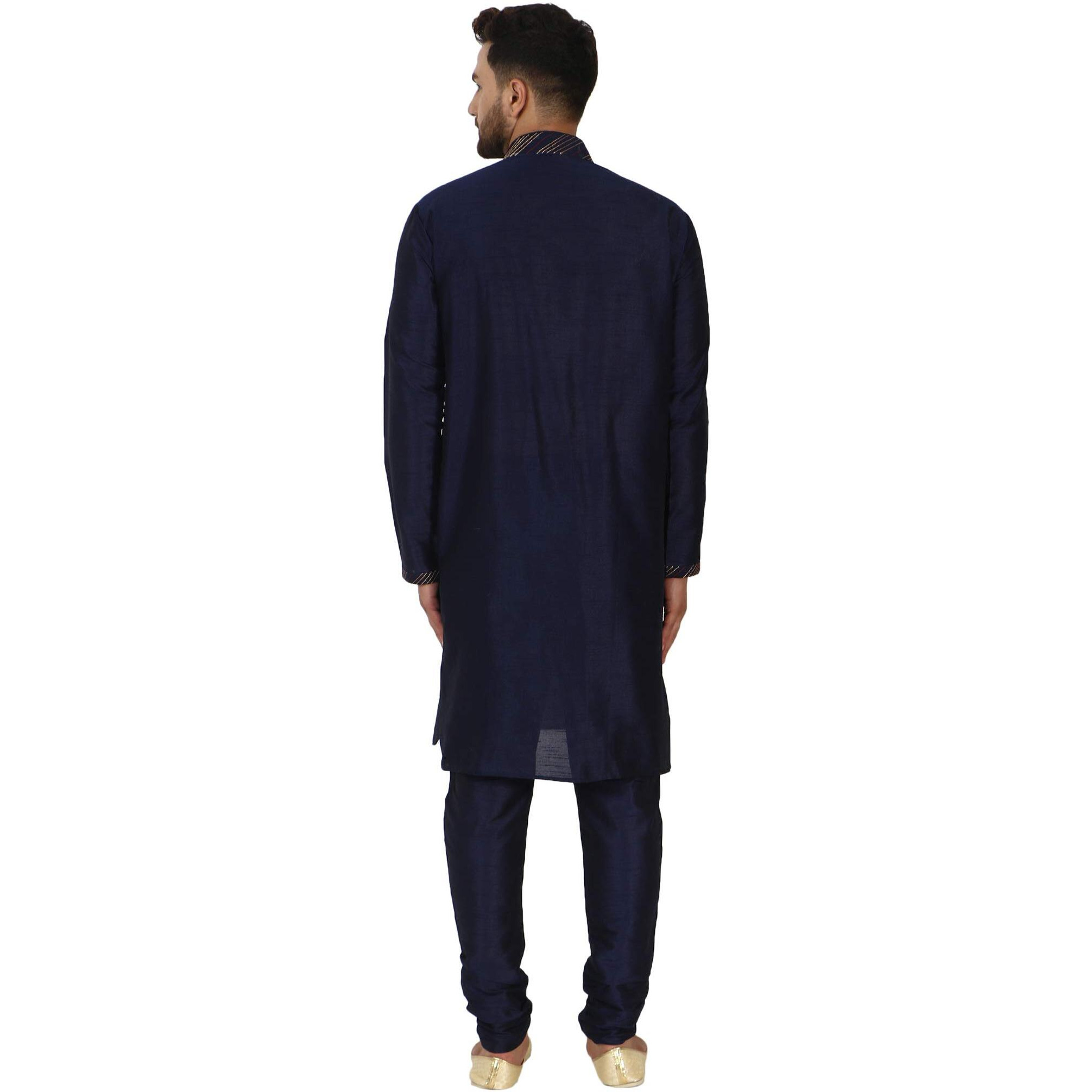 SKAVIJ Men's Art Silk Kurta Pajama and Stole Wedding Ethnic Wear Blue_Large