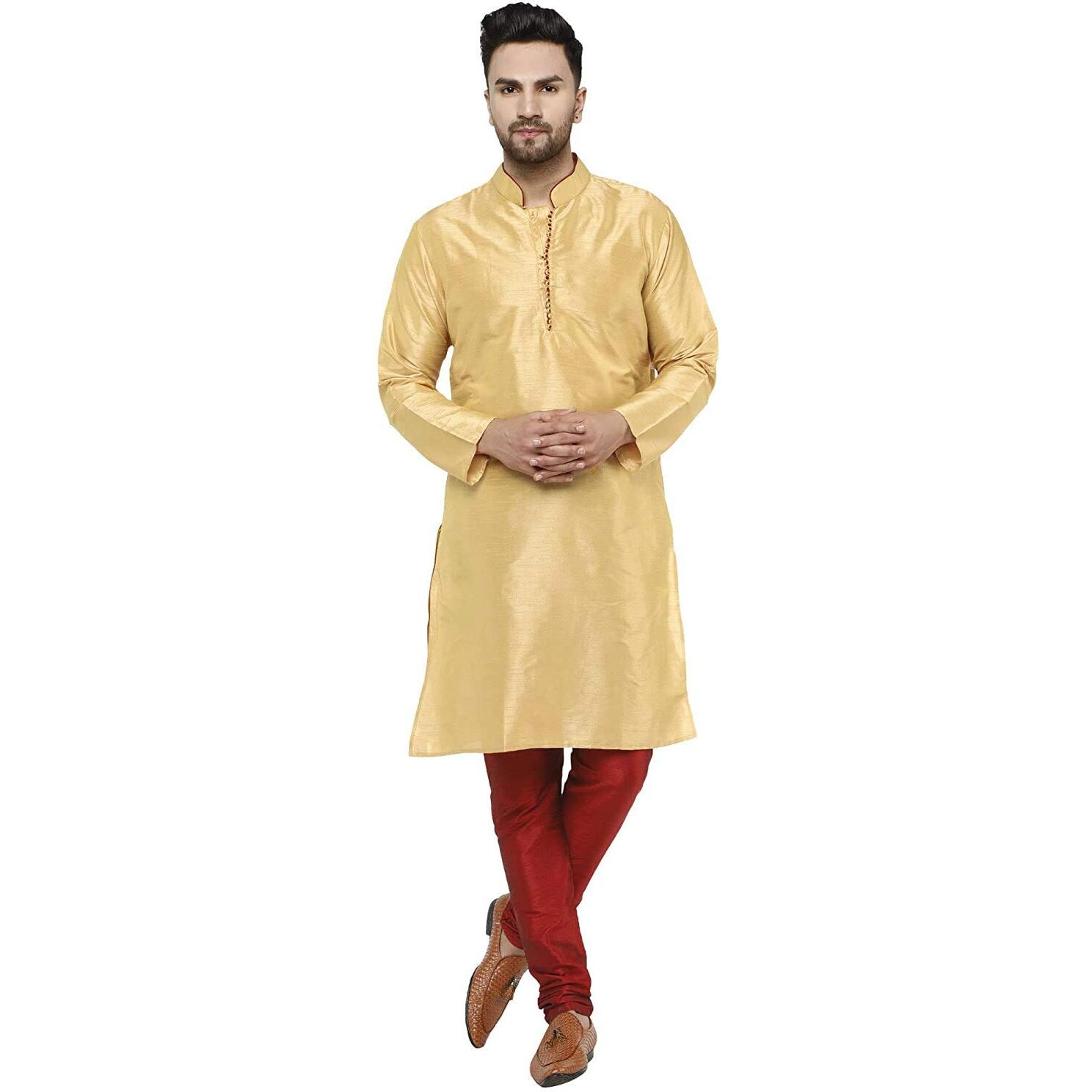 SKAVIJ Men's Art Silk Kurta Pajama Set Traditional Party Dress Beige_L