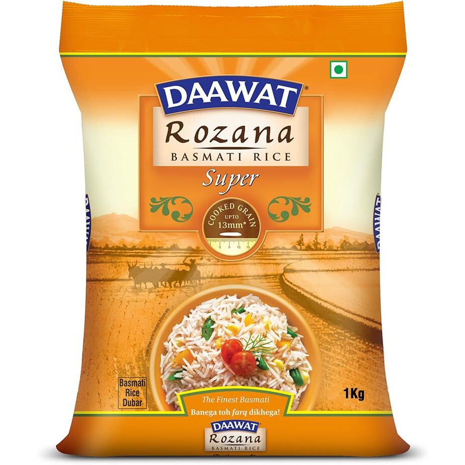 Daawat Rozana Super Basmati Rice 1Kg| For Everyday Consumption| Cooked Grain Upto 13mm*| Naturally Aged