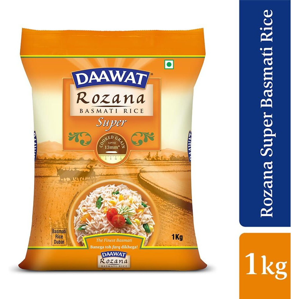 Daawat Rozana Super Basmati Rice 1Kg| For Everyday Consumption| Cooked Grain Upto 13mm*| Naturally Aged