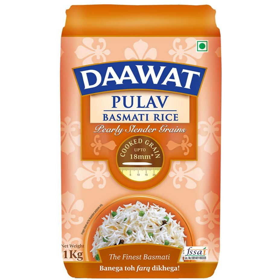 Daawat Pulav Basmati Rice 1Kg| Pearly slender Grains| Cooked Grain Upto 18mm*| Long & Fluffy Pulav Rice